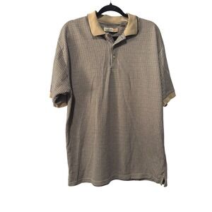 Naturalife Mens Large Tan Brown Micro Check Geometric Knit Short Sleeve Polo vtg